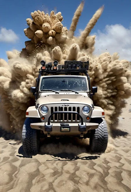 hyperrealistic art (a jeep with hunters:1.1), shots, the sand explodes
 <lora:cxp:1.0> cxp style . extremely high-resolution details, photographic, realism pushed to extreme, fine texture, incredibly lifelike