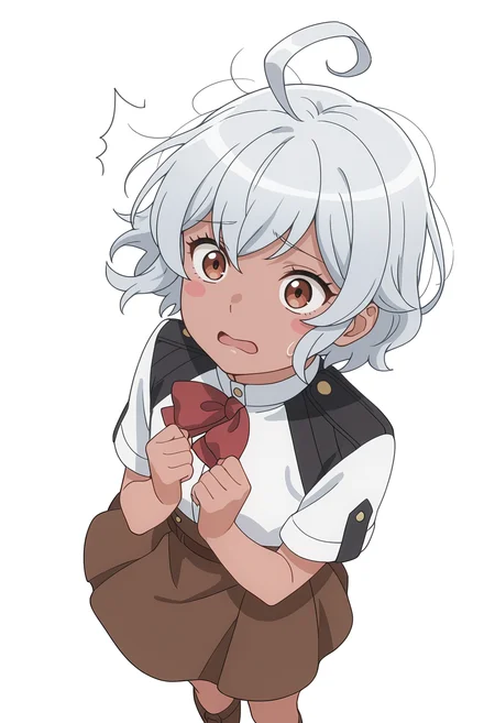 Smooth Quality,masterpiece, ultra realistic,
simple background, white background, 
from above,scared,wind, 
 <lora:AquaErisCnn:0.8>Eris/Cnn, Sist/Cnn, 1girl, ahoge, blush stickers, dark-skinned female, skirt, uniform,petite,