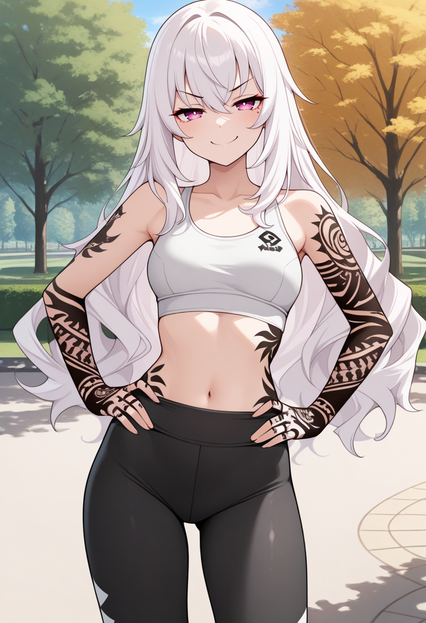masterpiece, best quality, 1girl, solo, looking at viewer, cowboy shot, smile, park, blue sky hands on hips
white sports bra, black yoga pants
 <lora:zs_GuernicaILLU:1> guernicap5t, arm tattoos, very long hair, white hair, pink eyes, assertive female, smug