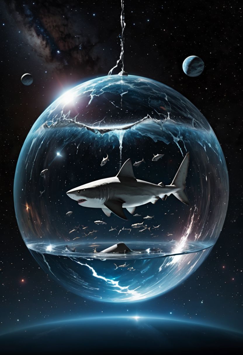 scifi movie, (deep space), a sphere of water floats in space, fishes and a shark swim inside the sphere of water