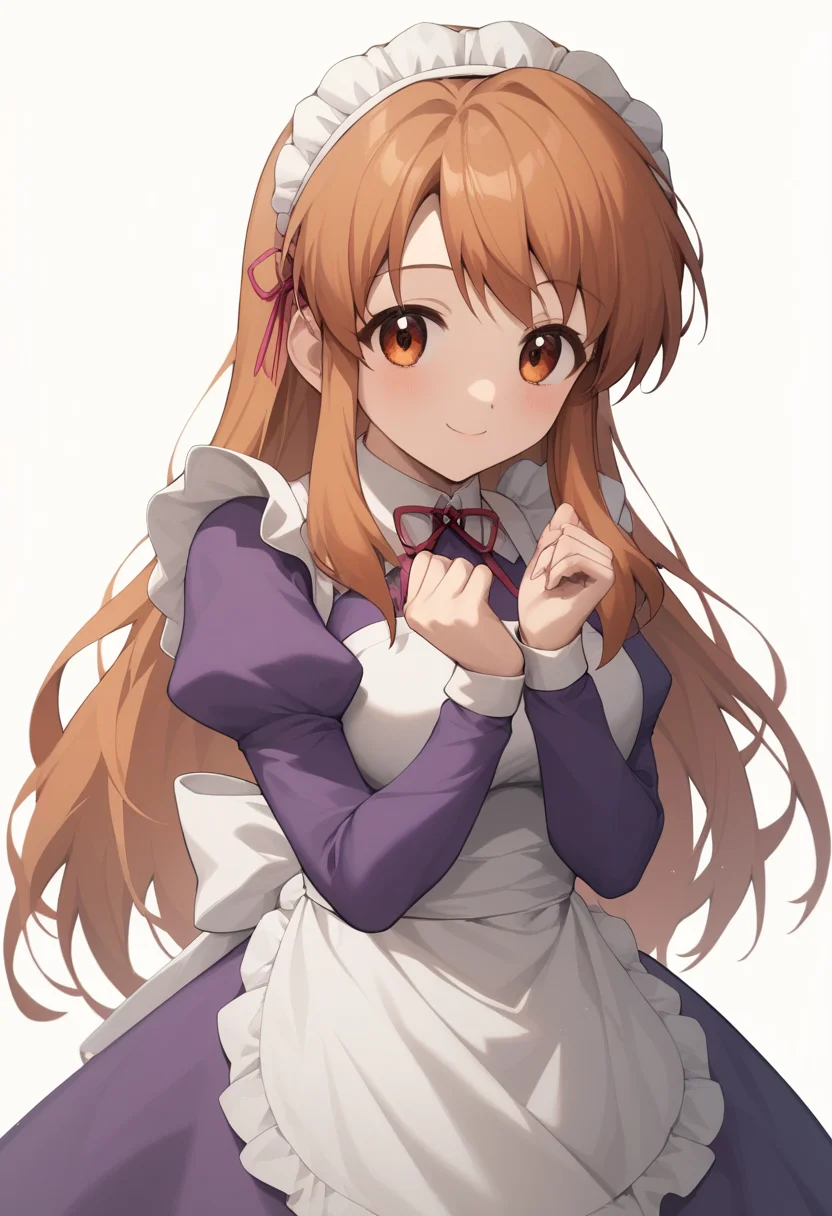 score_9,score_8_up,score_7_up,ra,<lora:asahina_mikuru_pony:1>,looking_at_viewer, simple_background, smile, purple_dress, solo, 1girl, cowboy_shot, maid_apron, standing, highres, puffy_long_sleeves, asahina_mikuru, white_background, official_alternate_costume, commentary_request, closed_mouth, maid_headdress