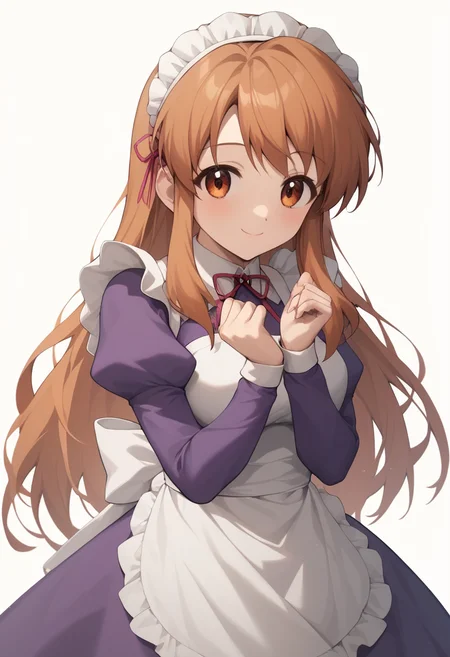 score_9,score_8_up,score_7_up,ra,<lora:asahina_mikuru_pony:1>,looking_at_viewer, simple_background, smile, purple_dress, solo, 1girl, cowboy_shot, maid_apron, standing, highres, puffy_long_sleeves, asahina_mikuru, white_background, official_alternate_costume, commentary_request, closed_mouth, maid_headdress