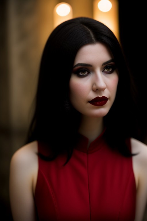 Romanian vampire girl, 23 years old, (beautiful:1.75), (very pale skin:1.35), (gothic makeup:0.99), (Red Lipstick:1), (black hair), (anime:0.35), (oval face:0.25), (Halloween), (night), (front view:1.25), (elegant), 10 minutes before the world will end, (back light),  hyper-realistic, (ultra-detailed:1), (insanely detailed:1), 4k, realistic 8k, shot on portra 400, masterpiece