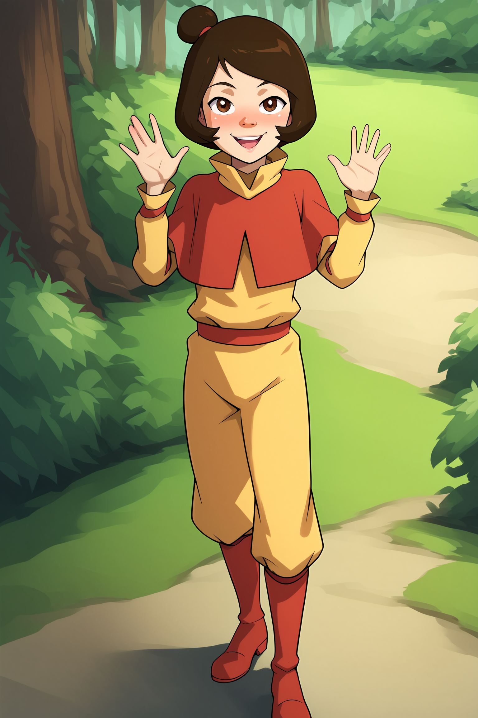 score_9, score_8_up, score_7_up, score_6_up, BREAK, JinoraAvatarPXL, 1girl, brown eyes, brown hair, short hair, single hair bun, flat chest, red capelet, yellow shirt, long sleeves, red belt, yellow pants, red boots, solo, full body, standing, waving, seductive smile, looking at viewer, naughty face, nose blush, forest  <lora:JinoraAvatarPXL:1>