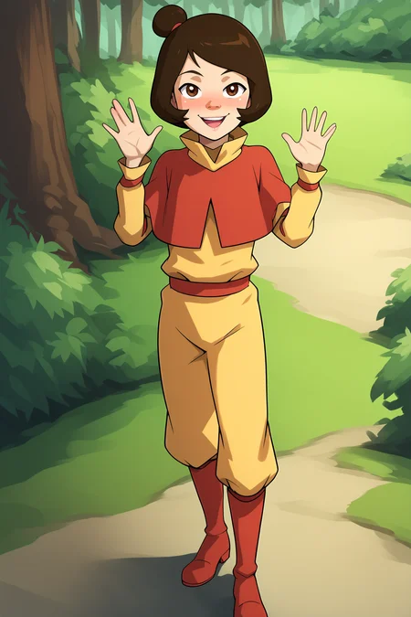 score_9, score_8_up, score_7_up, score_6_up, BREAK, JinoraAvatarPXL, 1girl, brown eyes, brown hair, short hair, single hair bun, flat chest, red capelet, yellow shirt, long sleeves, red belt, yellow pants, red boots, solo, full body, standing, waving, seductive smile, looking at viewer, naughty face, nose blush, forest <lora:JinoraAvatarPXL:1>