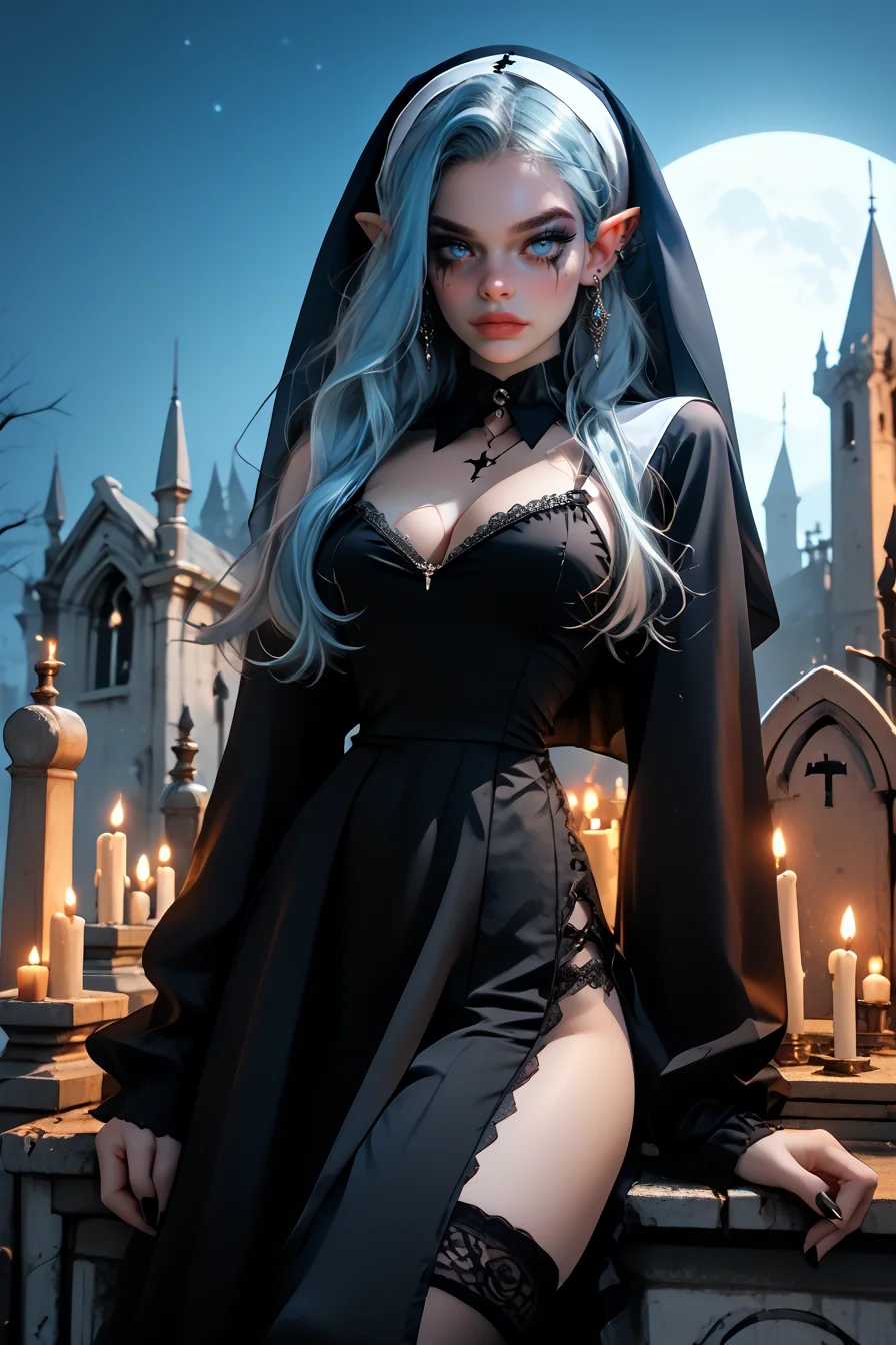 1woman, sexy, petite, blue hair with white highlights, long hair, blue eyes, <lora:gg3:1> Goth girl, goth makeup, <lora:nun_pony_V1.0:1> nun, thighhighs, cleavage, long sleeves, black dress, in a dark gothic graveyard, night, candle light,, score_9, score_8_up, score_7_up, score_6_up, score_5_up, score_4_up, <lora:K040790P:0.4> 040790P, woman, elf, 24 years old, <lora:Breast Slider - Pony_alpha1.0_rank4_noxattn_last:1>, (tiny waist, flat stomach, narrow hips)