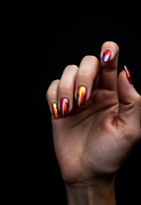 Professional Product photos of Nail Design, A close-up shot of a hand with a vibrant nail design in focus, showcasing the intricate details of the design. The nails are long and tapered, with a glossy finish. / The photo is set against a black background, creating a high-contrast effect that draws attention to the nail design. / The atmosphere is bold and confident, with an emphasis on the beauty and craftsmanship of the nail design. / Photography (Macro) with a DSLR camera, 60mm lens, and aperture set to f/2.8 for a shallow depth of field.
, aidmarealisticskin, aidmamj6.1