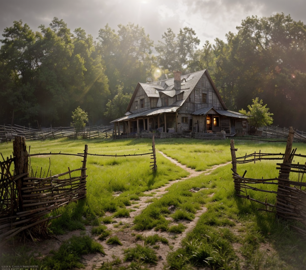 RAW photo, (masterpiece:1.3), subsurface scattering, heavy shadow, (high quality:1.4), (intricate, high detail:1.2), professional photography, HDR, High Dynamic Range, realistic, ultra realistic, photorealistic, high resolution, film photography, ambient lighting, atmospheric effects, <lora:detail_slider_v4:2>, OverallDetail,  farmhouse, fields, fence, fantfa, <lora:FantasyFarm:1>