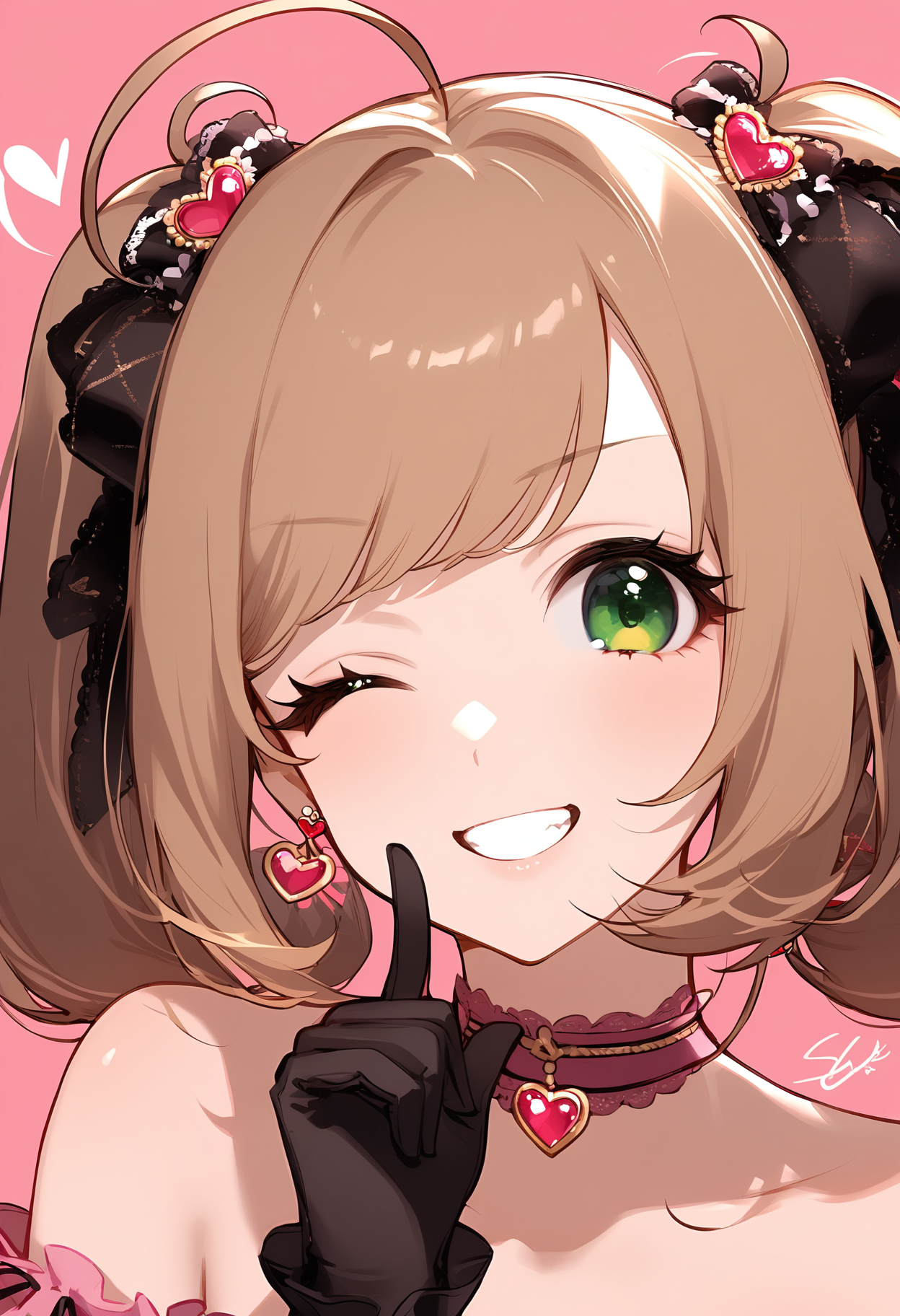 1girl,
sato shin,


solo, blush, looking at viewer, swept bangs, jewelry, parted lips, smile, gloves, black gloves, one eye closed, black ribbon, portrait, hair ornament, green eyes, index finger raised, twintails, short hair, ahoge, heart, signature, light brown hair, frills, finger to mouth, collarbone, choker, grin, earrings, bare shoulders, pink background, pink choker, frilled gloves, heart earrings, ribbon,

sfw
<lora:a31_char_new_sato_shin-000016:1> <lora:a31_style_koni-000010:0.8>