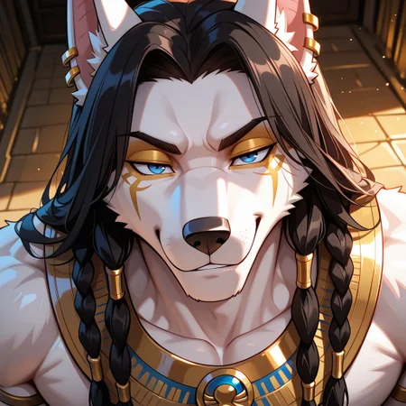 <lora:ArekuV1:1>, Areku Al-Khemi, anubian jackal, white fur, blue eyes, perfecteyes, dreadlocks, braids, long hair, black hair, eye marking, earring, muscular male, bara, athletic build, digitgrade, 1boy. solo. furry, furry male, perfect anatomy, BREAK masterpiece, HD, detailed eyes, highres, beautiful, amazing quality, best quality, very aesthetic, cinematic lighting, dynamic angle, soft shading, detailed background, egyptian, egyptian clothing, gold jewelry, armlet, barefoot, shendyt, bulge, smirk, close-up, face focus, portrait, upper body