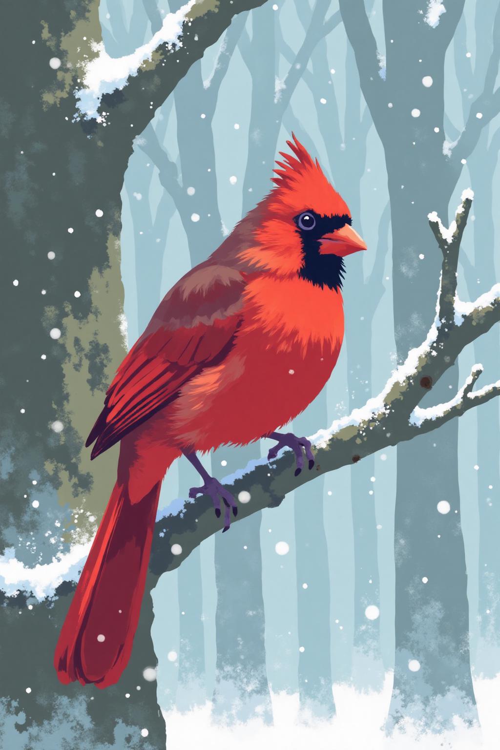 i11ustmin a red cardinal perched on a branch during a snowstorm <lora:minimalist_flat_illustration_nbm:1.0><lora:797681568677162845:0>