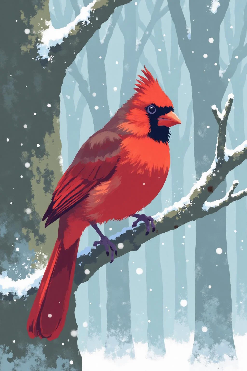 i11ustmin a red cardinal perched on a branch during a snowstorm <lora:minimalist_flat_illustration_nbm:1.0><lora:797681568677162845:0>