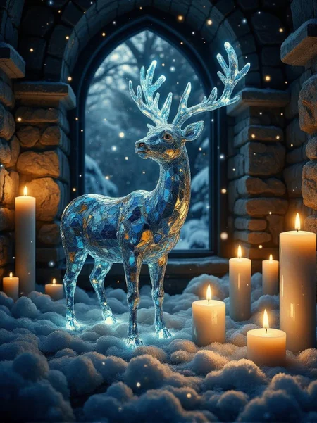 <lora:ck-swirlycircles-000015.safetensors:1> digital artwork in the style of ck-swc
In the heart of a dimly lit chamber, a beautifully designed deer figurine stands majestically, crafted from a mosaic of shimmering blue glass bits. Each piece reflects the flickering candlelight, casting a kaleidoscope of colors that dance across the cold, snow-dusted ground. The deer, a symbol of grace and resilience, is surrounded by several large white pillar candles. Some of the candles are lit, their soft, warm glow creating a cozy, almost ethereal atmosphere. The snow outside, visible through the window, adds an extra layer of texture and contrast, transforming the scene into a dreamy, picturesque winter wonderland.
The glass deer, with its intricate design, speaks of the delicate balance between beauty and fragility. Each shard of blue glass represents a piece of the cosmic battle between light and darkness, a theme central to Farideh's Zoroastrian faith. The candles, symbols of hope and guidance, cast a soothing light that illuminates the path of the lone traveler within the room. This traveler, a middle-aged Turkic woman with deep, expressive eyes and flowing auburn hair, stands in quiet contemplation. Her simple, flowing robes, woven with patterns of ancient Persian motifs, reflect her deep connection to her heritage.
The room itself is a tapestry of textures and symbols, each element imbued with personal and cultural significance. The snow outside, while cold and isolating, also represents purity and renewal. The candles and the glass deer together create a sense of serene harmony, a utopian vision where the struggles of the world are momentarily forgotten, and the soul finds peace in the beauty of the moment.