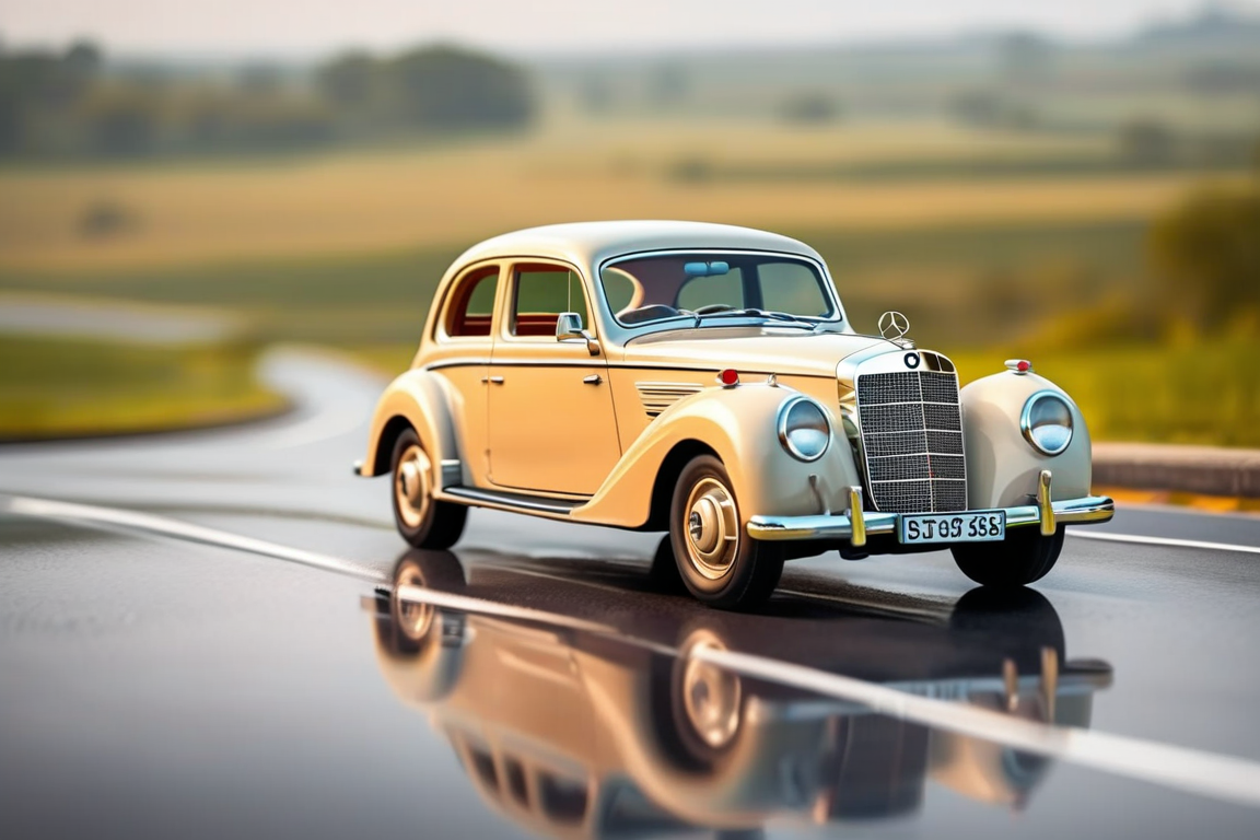 Billy's Vintage Car, classy Mercedes-Benz 170  car, motion blur,  glassy reflective road, glassy clean landscape,  raining warm weather, sleek driving, high-octane, high-definition
