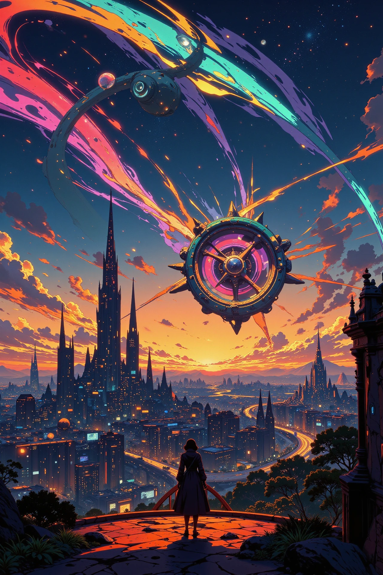 space city beautiful  landscape, golden hour, woman, very intricate, very detailed, sharp, bright, colorful, <lora:Hand v2:0.5> <lora:Anti-Blur:1><lora:Insane Detail Slider:0.25>  <lora:flux.1_lora_flyway_Epic-detail_v2:0.3> <lora:fluxenhancer:0.25> <lora:ROWER:0.8> <lora:Anime art - Variant 3:0.6> Anime art