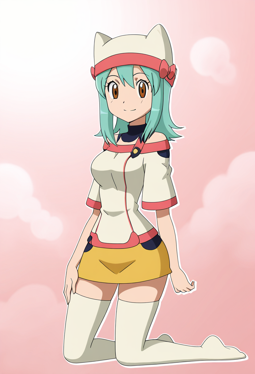 masterpiece, best quality, solo, curvy, beautiful eyes, large breasts, aged up, narrow waist, wide hips, 1girl, solo, smile, looking at viewer,    zzYumei, brown eyes, aqua hair,  animal ear headwear, white shirt, bare shoulders, yellow miniskirt, white thighhighs, zettai ryouiki  <lora:YumeiByKurumiErika_IXL:1.0>,  kneeling, side view, hand on thigh, smile, looking at viewer,