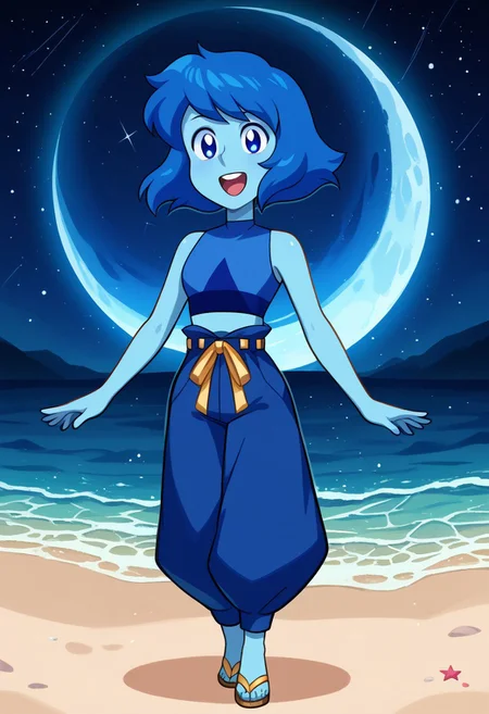 score_9, score_8_up, score_7_up, source anime,
masterpiece, best quality, detailed, amazing quality,
detailed background, night, stars, beach,
detailed eyes, clean eyes,
dynamic pose,
solo, 1woman, woman,
easynegative,
happy, sparkles, lapis_gem,
lapis lazuli \(steven universe\),
colored skin, blue skin, blue hair, blue eyes,
lapis_future, tank top, harem pants, gold ribbon belt, gold sandals,
chibi,
