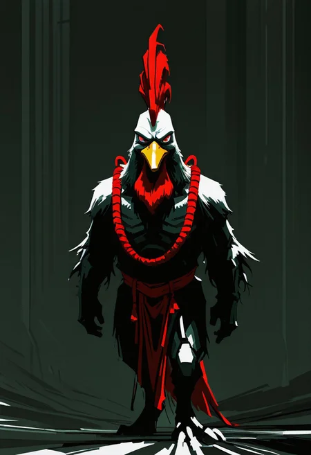 HDR, 8K, high contrast,masterpiece,best quality,amazing quality,very aesthetic,high resolution,  
masterpiece, best quality, good quality, very awa, very aesthetic, absurdres, newest,
sketch painting, (digital art:1.3), (concept art:1.2),  
A cartoon-style drawing of an angry rooster, on a psychedelic background, in the style of Disney, with simple lines and a flat design. The character design is cute and funny, in the style of Atey Ghailan. Add more details.
<lora:add-detail-xl:1.5> 
<lora:Void_Spectrum-000008:1>