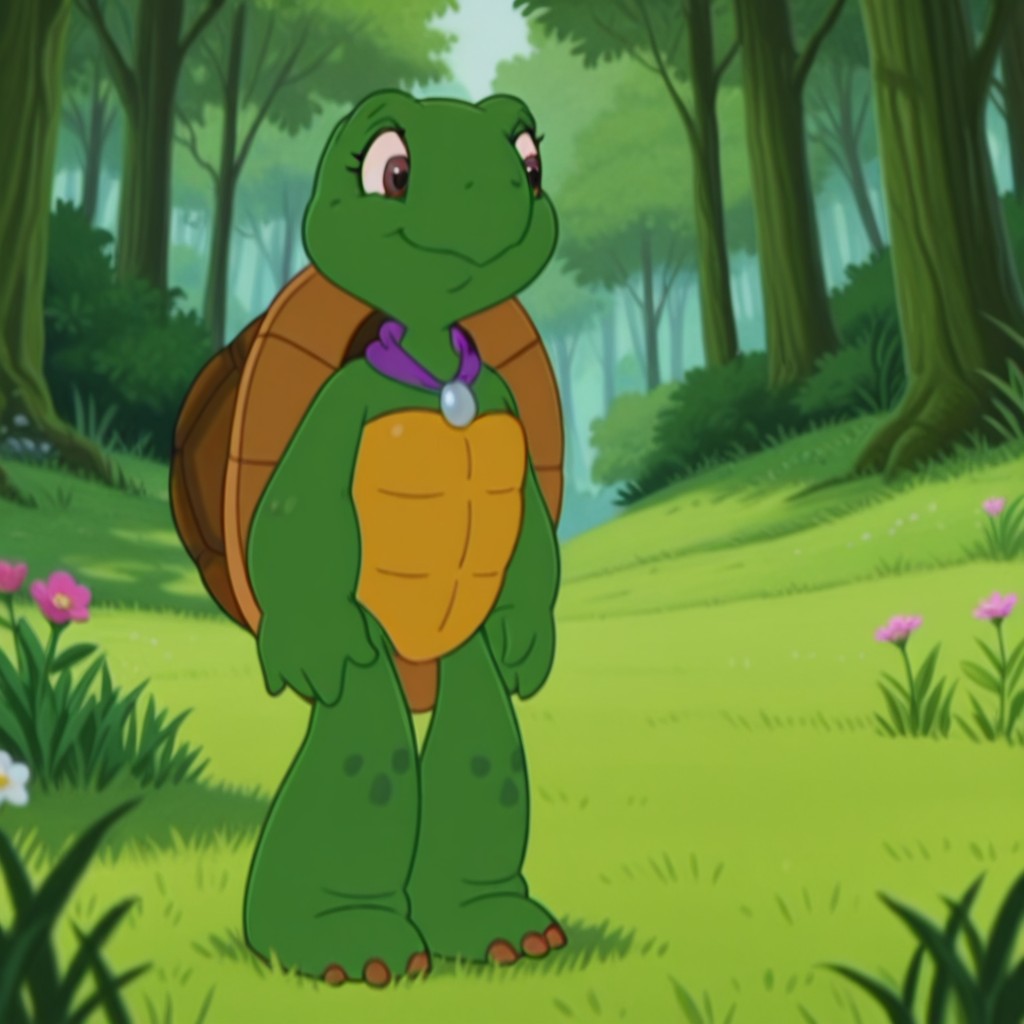 masterpiece, best quality, amazing quality, mrsturtleil, semi-anthro, female turtle, green skin, brown eyes, turtle shell, purple necklace with silver pendant, solo, outdoors, nature, grass, forest, smile, day, flower, standing, , <lora:43e98ff9-afe2-45c3-95df-5ab956f1f916:1.0>
