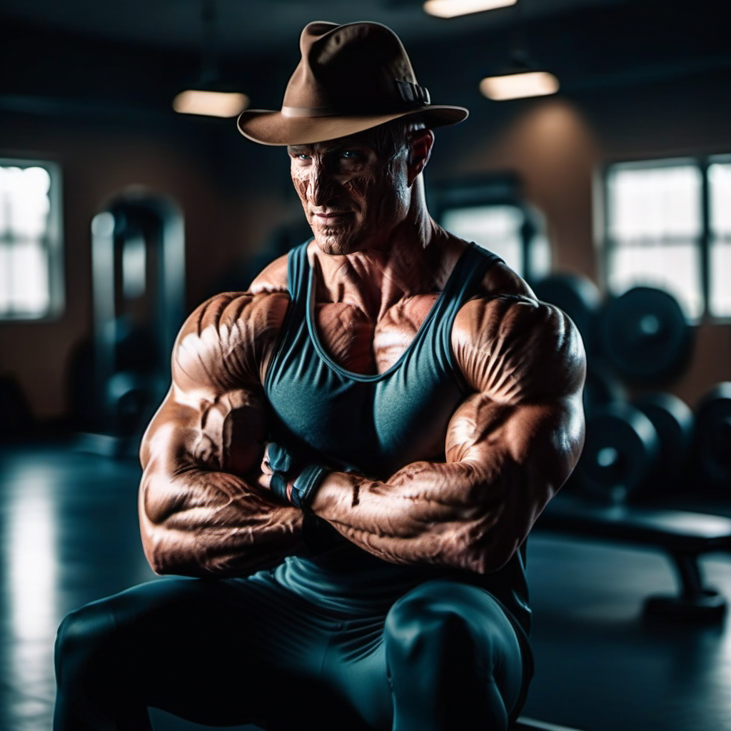 cinematic photo a muscular man with a hat trains in a gym<lora:FreddyKrueger1024:0.8> . 35mm photograph, film, bokeh, professional, 4k, highly detailed