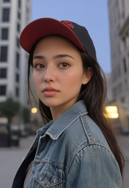 30yo woman posing for pic in front of tall building.
Small eyes. Brown eyes.
Wearing ripped Denim jacket red hat
no makeup. Clear skin. realistic skin style
Long dark black slick back hair. No makeup. Dusk, Street light. Looking at camera POV. Slight smile, tilting head.. Tilt head. Hands in head, face, lips.
Medium Close Up shot. Bokeh. Bokeh light.