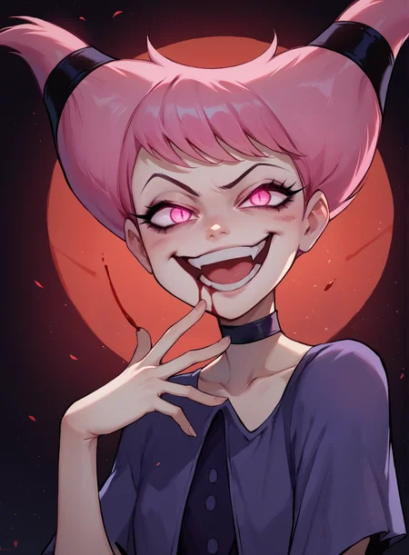 score_9, score_8_up, score_7_up, 1girl, jinx \(dc\), gesugao, evil grin, mouth open, smug, raised eyebrow, anime, blood dripping on face, glowing eyes, hand, dark background, backlighting, particles,
 <lora:Jinx_DC_for_PonyXL:0.8>  <lora:gesugao_v1_unpruned:0.8>