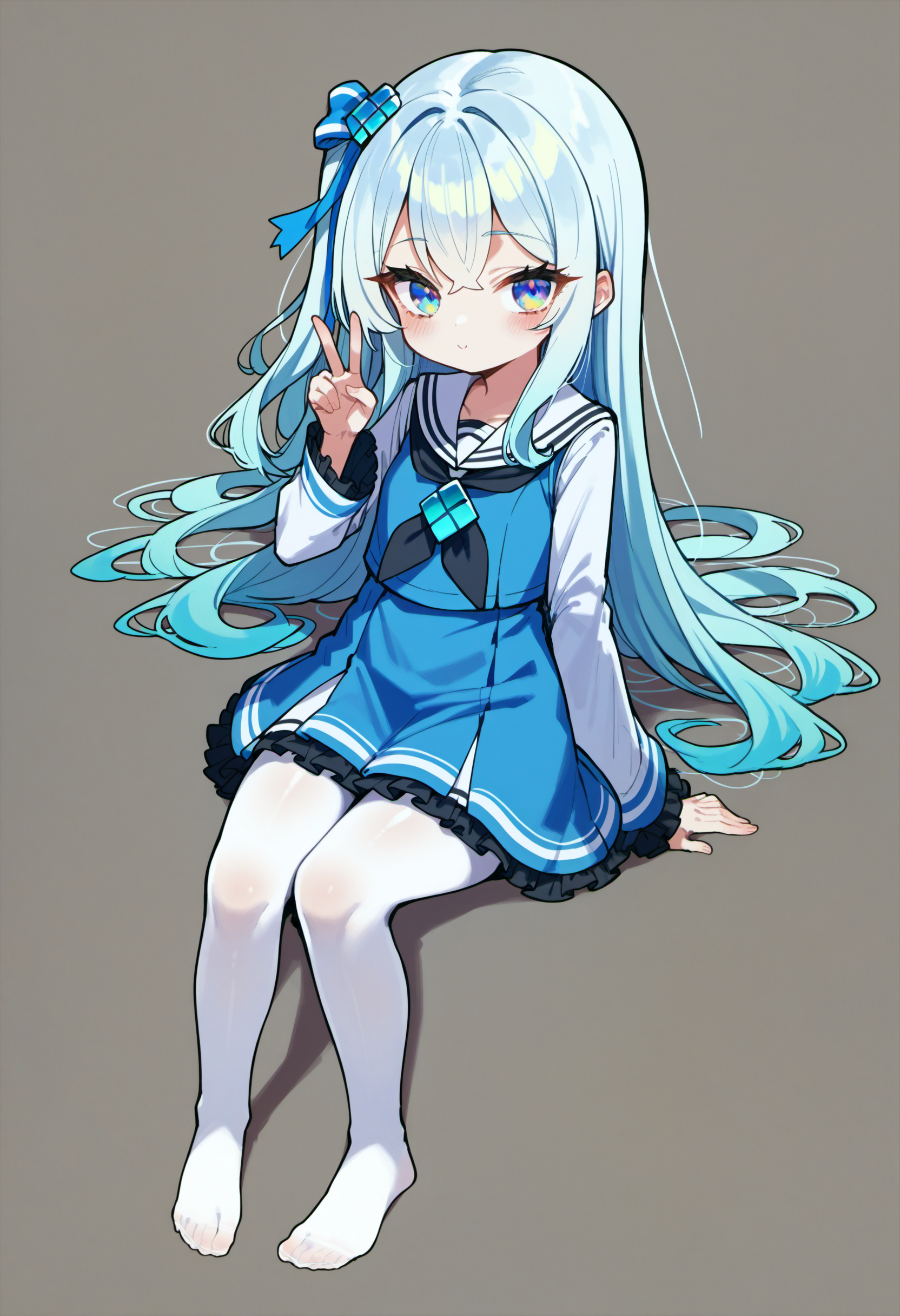 score_9, source_anime, score_8_up, score_7_up,simple background,white background,<lora:madobev1-000040:0.7> madobev1,full body,sitting,v sign,cyan hair,multicolored eyes, one side up, white_pantyhose,barefoot,no shoes, serafuku, hair ornament, hair bow,black neckerchief,white frills,