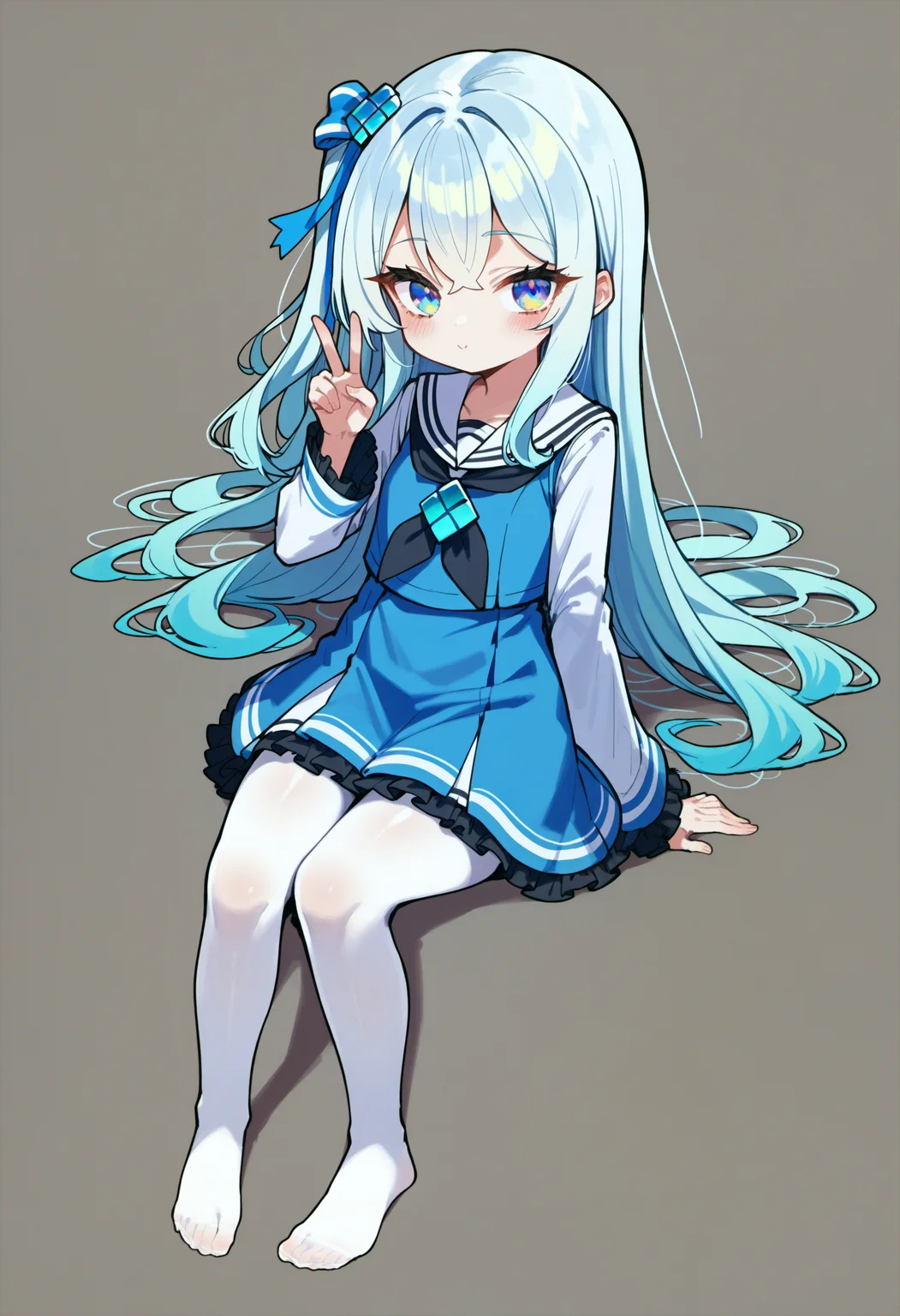 score_9, source_anime, score_8_up, score_7_up,simple background,white background,<lora:madobev1-000040:0.7> madobev1,full body,sitting,v sign,cyan hair,multicolored eyes, one side up, white_pantyhose,barefoot,no shoes, serafuku, hair ornament, hair bow,black neckerchief,white frills,