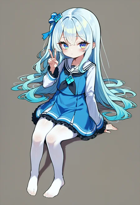 score_9, source_anime, score_8_up, score_7_up,simple background,white background,<lora:madobev1-000040:0.7> madobev1,full body,sitting,v sign,cyan hair,multicolored eyes, one side up, white_pantyhose,barefoot,no shoes, serafuku, hair ornament, hair bow,black neckerchief,white frills,