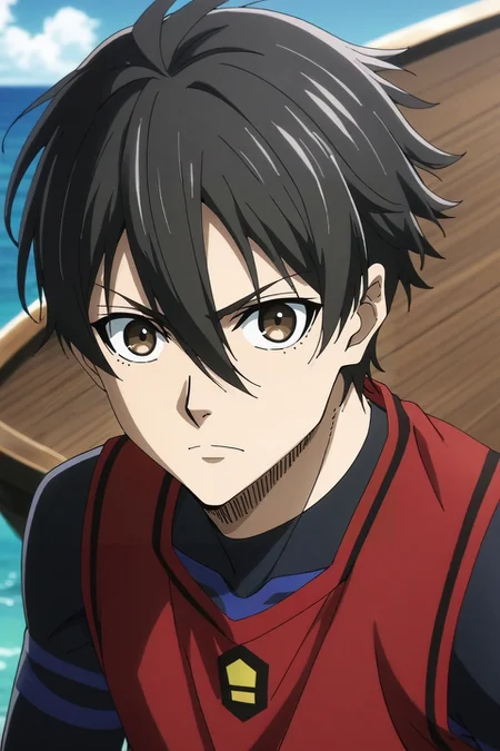 score_9, score_8_up, score_7_up, source_anime, , rating_safe, intricate details, looking at viewer, depth of field, 1boy, male focus, <lora:takashi_komuro_pony:0.54>, takashi_komuro, black hair, brown eyes, short hair, hair between eyes, solo, straight-on, pirate ship, day, sunny, singing, angry, <lora:blue_lock_style_pony:0.92>, blue_lock_style, bodysuit, blue lock bodysuit, tank top, red tank top, <lora:sdxl_lightning_8step_lora:1>