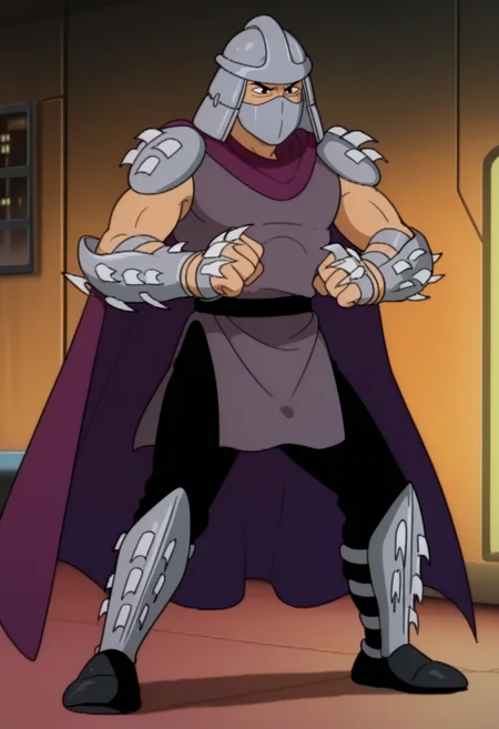 best quality, masterpiece, absurdres, newest, highly detailed, (official style 1.1), cartoon, screencap,
indoors, city scenery,
<lora:Shredder_TMNT_1987_Cartoon_Screen-Captured:1> 1boy, 5hr3dd3r, metal samurai helmet, dark eyes, black eyebrows, metal face mask, spiked metal shoulder pads, grey sleeveless tunic, spiked metal arm guards, black belt, black pants, spiked metal shin guards, black shoes, purple cape, fighting stance,