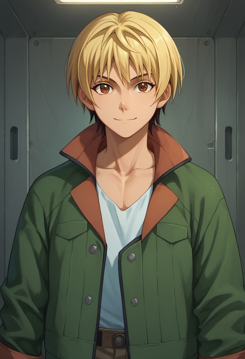 score_9, score_8_up, score_7_up, source_anime, highly detailed, 
takaki, 1boy, male focus, solo, blonde hair, upper body, smile, jacket, green jacket, looking at viewer, pants, brown eyes,
indoor, hangar,