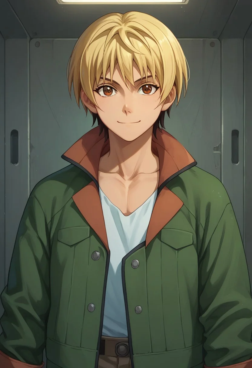 score_9, score_8_up, score_7_up, source_anime, highly detailed,
takaki, 1boy, male focus, solo, blonde hair, upper body, smile, jacket, green jacket, looking at viewer, pants, brown eyes,
indoor, hangar,
