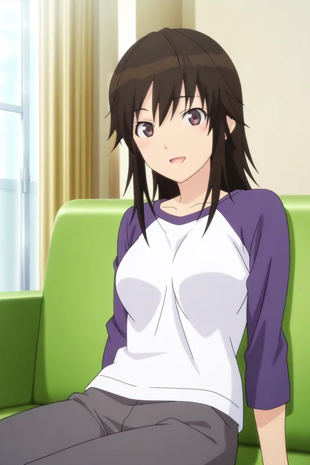 anime screenshot, miyamae tooru, 1girl, solo, black hair, long hair, brown eyes, medium breasts, white shirt, t-shirt, long sleeves, raglan sleeves, purple sleeves, grey pants, looking at viewer, smile, open mouth, sitting, cowboy shot, indoors, couch, on couch, masterpiece, best quality, high quality, highres, absurdres, <lora:miyamae_tooru_ILXL:0.9>