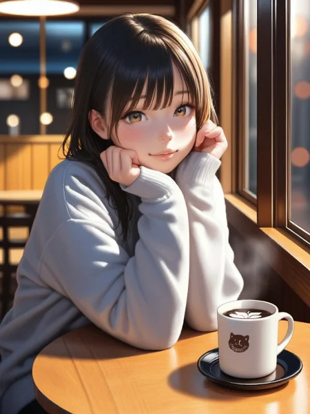 masterpiece, best quality, amazing quality embedding:my\WaiIL25PosD 1girl sitting in cafe drinking coffee mug round table window soft light <lora:SPOl_10ep_4k><lora:zy_Realism_Enhancer_v1>