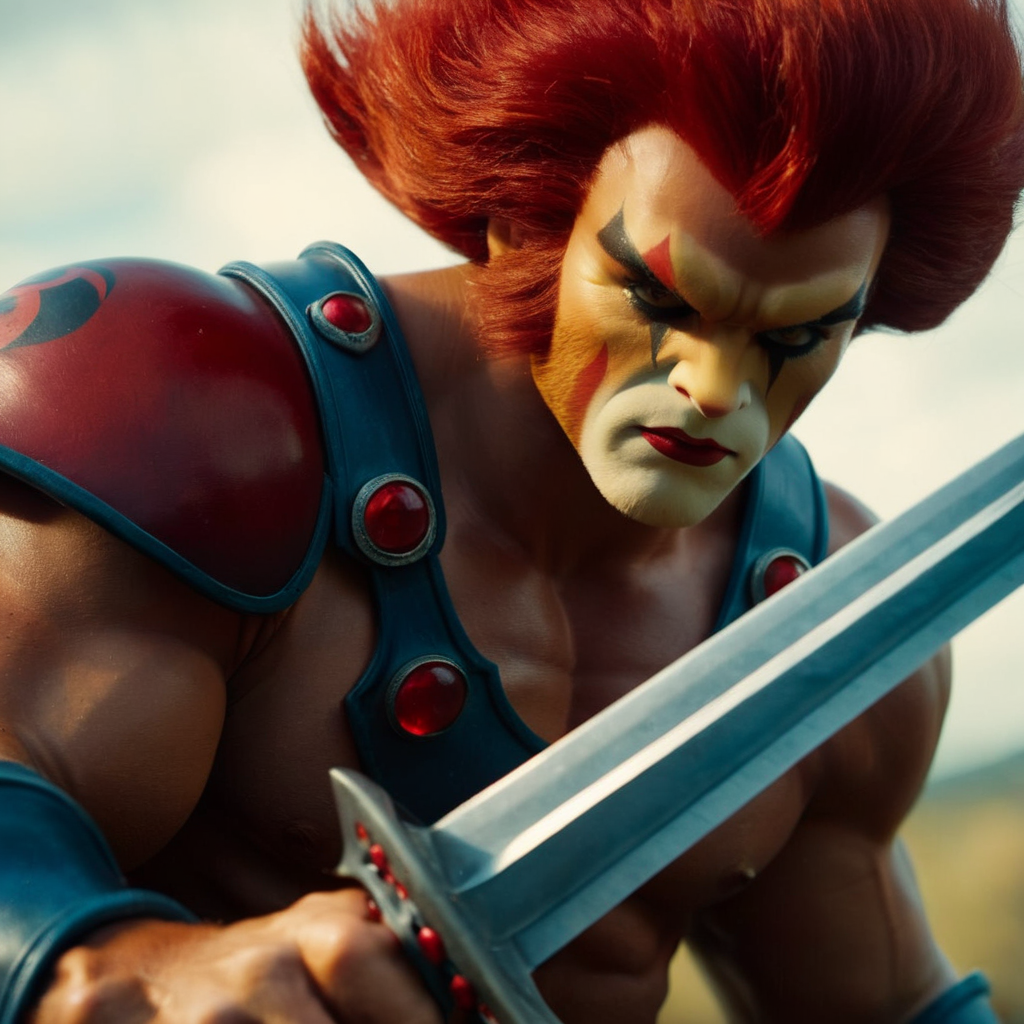 cinematic film still of  <lora:liono thundercats:1>
liono thundercats superhero and the main protagonist character of the ThunderCats franchise a man with red hair holding a legendary Sword of Omens, shallow depth of field, vignette, highly detailed, high budget, bokeh, cinemascope, moody, epic, gorgeous, film grain, grainy