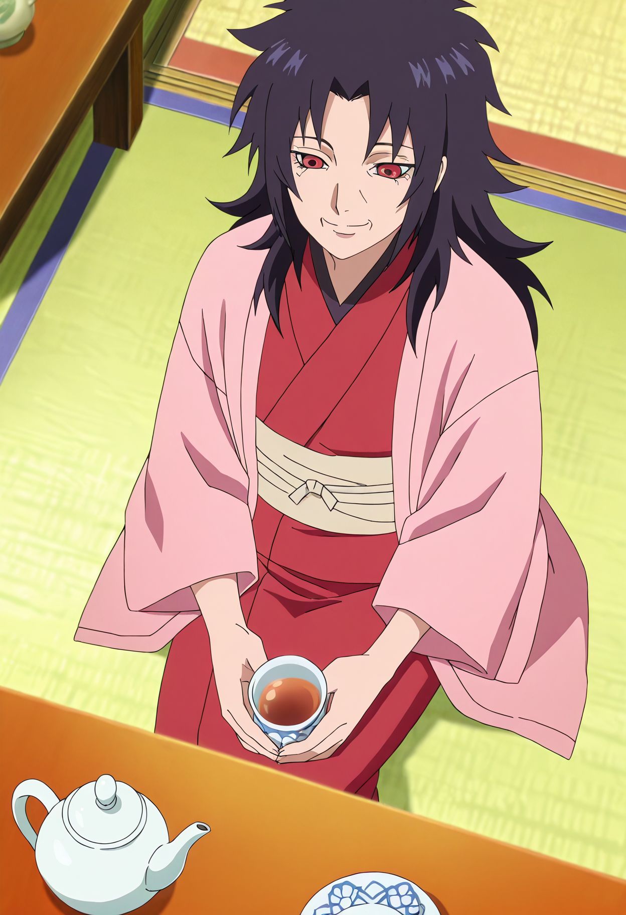 <lora:yuuhi_kurenai_v1b_pny:1> yuuhi_kurenai, solo, 1girl, black hair, long hair, red eyes, japanese clothes, red kimono, pink haori, beige obi, old woman, smile, indoors, sitting, holding cup, teapot, table, from above, japanese architecture, source_anime, anime screencap