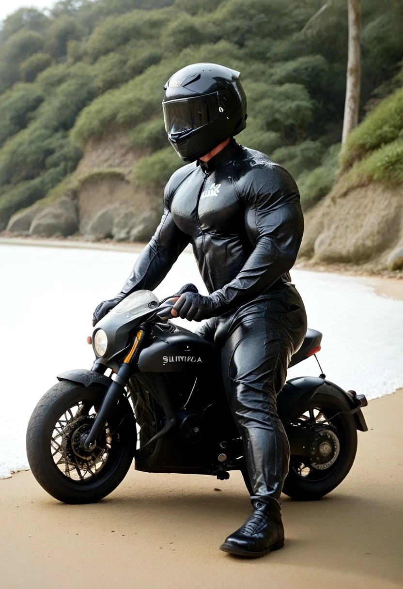score_9, score_8_up, score_7_up, photo, photorealistic, rating_explicit, (solo:1.1), 1boy, muscular male, masculine male, black glossy rubber full bodysuit, skintight, black rubber gloves, black rubber boots, abs, nipples, pecs, black motorcycle helmet with black tinted visor, proud, sweaty, outdoors beach, five digits, driving a black large tall motorcycle, riding black large motorcycle, side view