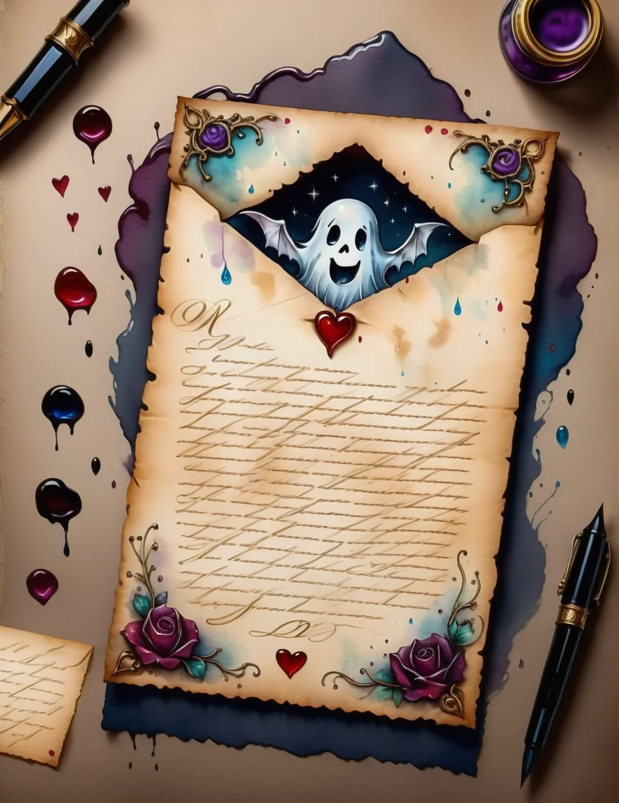 a love letter from a friendly ghost<lora:SDXLInkStainsFinal:1> Inkstains, high quality, beautiful, highly detailed, 8k, fantasy