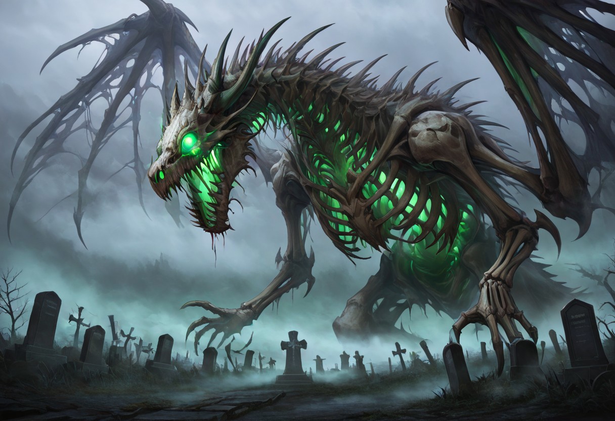 masterpiece, best quality, newest, absurdres, highres, DRALV1.0, undead dragon, undead, skeleton, bones, glowing, green eyes, glowing eyes, graveyard, grave, fog, horror (theme),