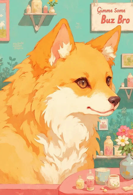 Rockabilly Shiba inu next to a sign that say "Gimme some buzz bro" , soft pastel anime