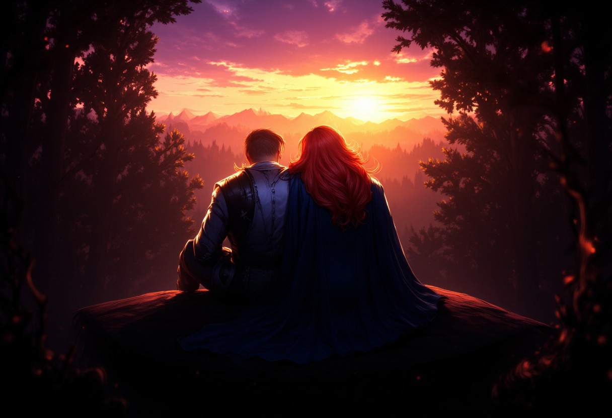 Unfazedfantasii, a human sorceress and an elven knight are viewed from behind as they sit side by side on a forested hilltop watching the sunset in the background. The sorceress leans against the knight wearing a blue dress and has long red hair. The knight has his arm around the sorceress's waist and wears grey armor. The forest around them is dark, but the sunset is vividly colored.