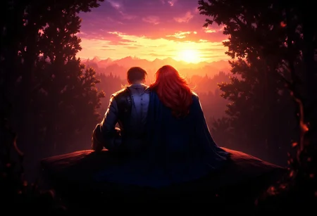 Unfazedfantasii, a human sorceress and an elven knight are viewed from behind as they sit side by side on a forested hilltop watching the sunset in the background. The sorceress leans against the knight wearing a blue dress and has long red hair. The knight has his arm around the sorceress's waist and wears grey armor. The forest around them is dark, but the sunset is vividly colored.