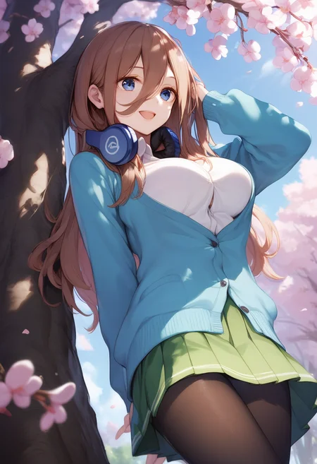 score_9, score_8_up, score_7_up, score_6_up,
<lora:Expressive_H:0.1>
1gil, <lora:SDXL_LORA_CHARACTER_NAKANO MIKU_V1A:1>,nakano miku, blue eyes, brown hair, long hair, bangs, hair between eyes, large breasts,
(headphone around neck),
blue cardigan, white collared shirt, green pleated skirt, black pantyhose,
outdoors, park, cherry blossoms, day,
against tree,
smile, open mouth,
arms behind back, hand in own hair,
upper body, from below,
masterpiece, best quality,