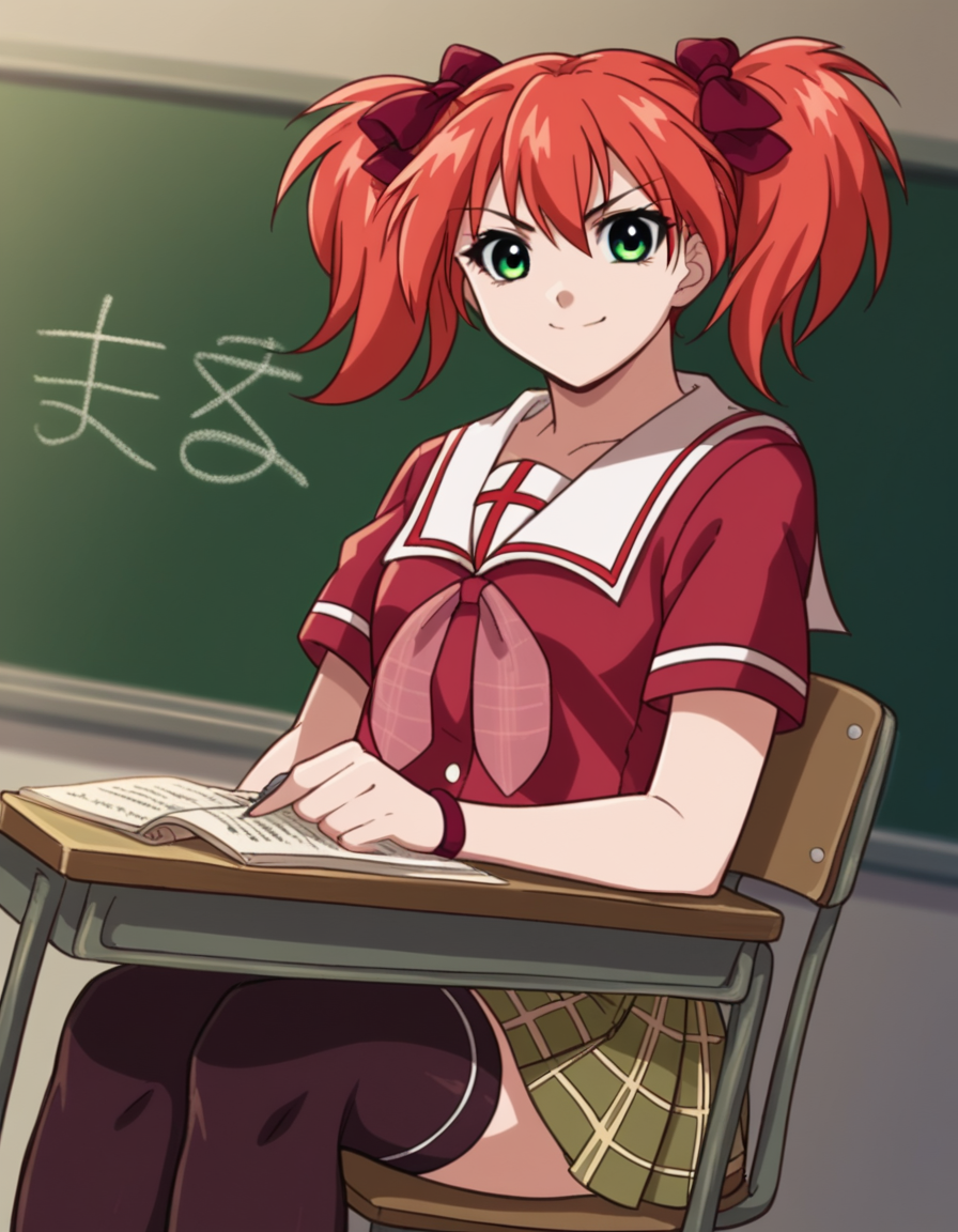 score_9, score_8_up, score_7_up, source_anime, <lora:kokoa-shuzen-s2-ponyxl-lora-nochekaiser:1>, kokoa shuzen, twintails, green eyes, red hair, hair bow, short hair,, skirt, thighhighs, school uniform, black thighhighs, plaid, serafuku, red shirt, short sleeves,, classroom, chalkboard, day time, studying, sitting, chair, desk,, smile, smile, looking at viewer, solo,, dutch angle, cowboy shot