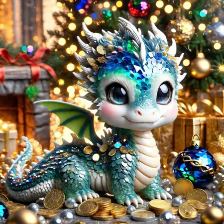 blue shards ral-smoldragons siting next to a pile of (gold coins) (silver coins) (colorful crystal gems), under a Christmas tree, highly detailed clean, beautiful detailed intricate, 8K,