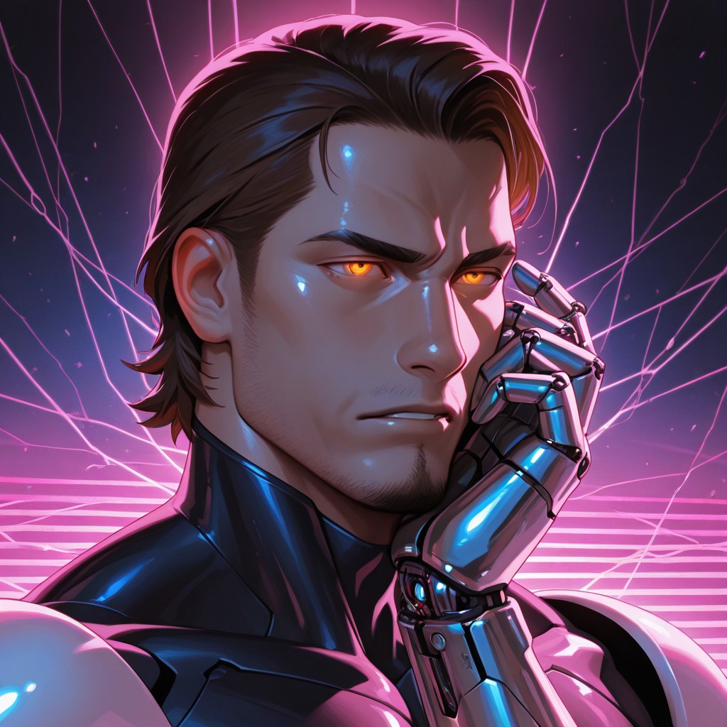 masterpiece, best quality, amazing quality, absurdres, newest, detailed background, definition so sharp, Ultra-HD, 8K cinematic, very awa, impressionate, amazing quality, highres, 
solo, male focus, manly, shadow, shiny skin,
shimonmakusu, shimon_brunette, shimon_orange eyes, 1boy, short hair, stubble, goatee, mature male, cybernetic, robot_arm, glowing_eyes, futuristic_clothing, enforcer, android, precision, cold_logic, mechanical_parts, integrated_tech, dystopian, synthwave, sharp_lines, augmented