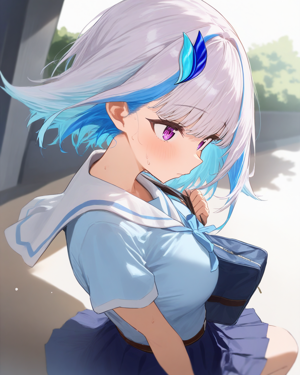 1girl,
LizeHelestaNijisanji,
LizeHelestaNijisanji4thCostume,
safe,
solo, perspective, dynamic angle, upper body,
short hair, hair ornament,
purple eyes, 
walking, holding bag,
sailor collar, summer uniform,
large breasts, sweat,
summer, school, sunbeam,
depth of field,
<lora:kp_LizeHelestaNijisanjiAnimagineXL_v1_1:1.0>,
masterpiece, high score, great score, absurdres