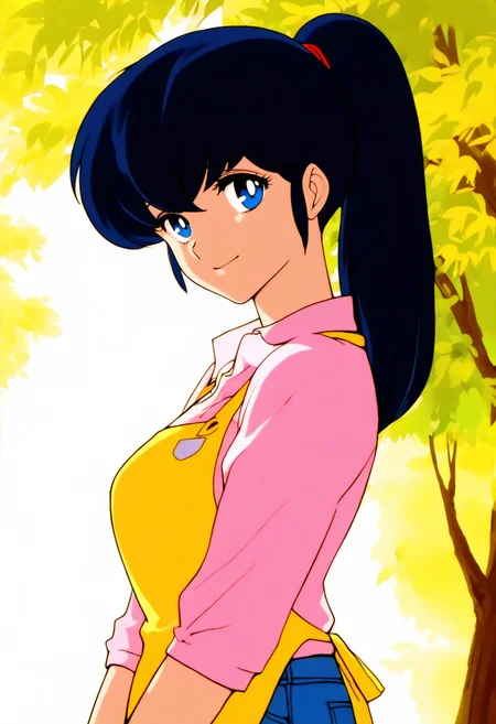 1girl, solo, otonashi_kyouko \(maison_ikkoku), blue eyes, long hair, purplish-blue hair, ponytail,
standing, outside, smile, from side, looking at viewer, spring,
shirt, apron, jeans, upper body,
(high_contrast,drop_shadow,chromatic_aberration:0.2)
(happoubi jin:0.2), (ask \(askzy\):0.2), (pija:0.2),(remsrar:0.2),
masterpiece, best quality, absurdres, highres, sensitive, intricate detailed, <lora:Kyoko_Otonashi:0.7>