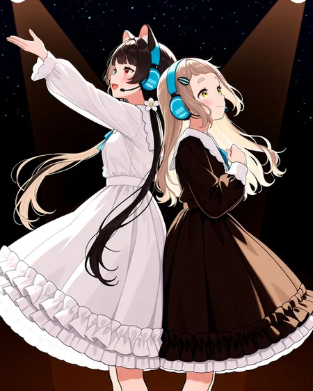 masterpiece, best quality, very aesthetic, perfect anatomy, symmetrical composition,
night, starry sky, darkness, luxury, gaudy, spotlight, from side, from below,
lace trim, glittery dress, frilled dress,
(a girls standing and singing, back-to-back, headset:1.4),
thick eyelashes, shiny skin, shiny hair,
2girls, happy, blush, open mouth, looking up, light smile,
BREAK
<lora:niji-toko:1> niji-inui, (heterochromia:1.3), red eyes, yellow eyes, black hair, dog girl, dog ears, prick ear, very long hair, low twintails, bangs, hair ornament, hair flower, lace trim, glittery white dress, frilled dress, arm up,
BREAK
<lora:niji-chima:1> nijichima, yellow eyes, drooping eyes, short eyebrows, light-brown hair, round face, disproportionate breasts, short stature, aged down, long hair, short bangs, hairclip, lace trim, glittery black dress, frilled dress, arm up,
